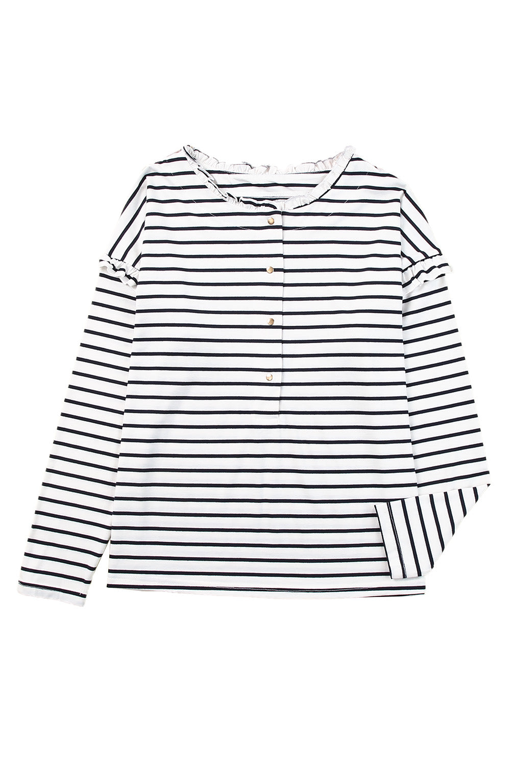 Striped Print Ruffled Buttoned Long Sleeve Top