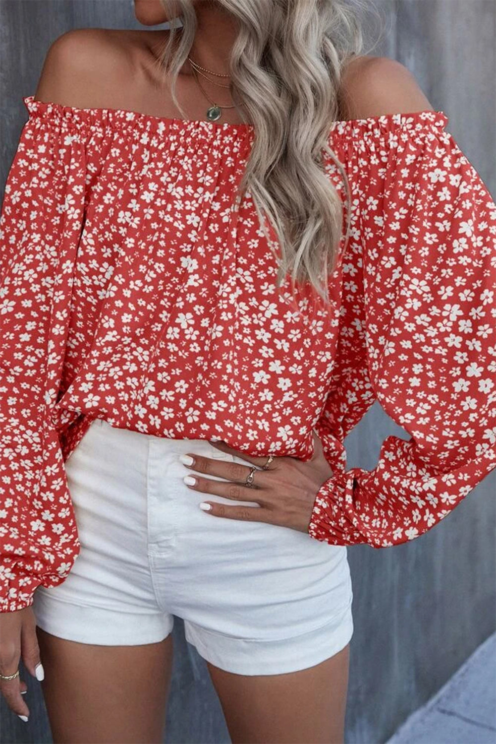 Yellow Floral Print Frill Trim Off-shoulder Lantern Sleeve Blouse