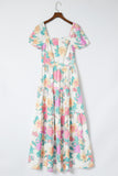 Square Neck Puff Sleeve Tiered Floral Maxi Dress