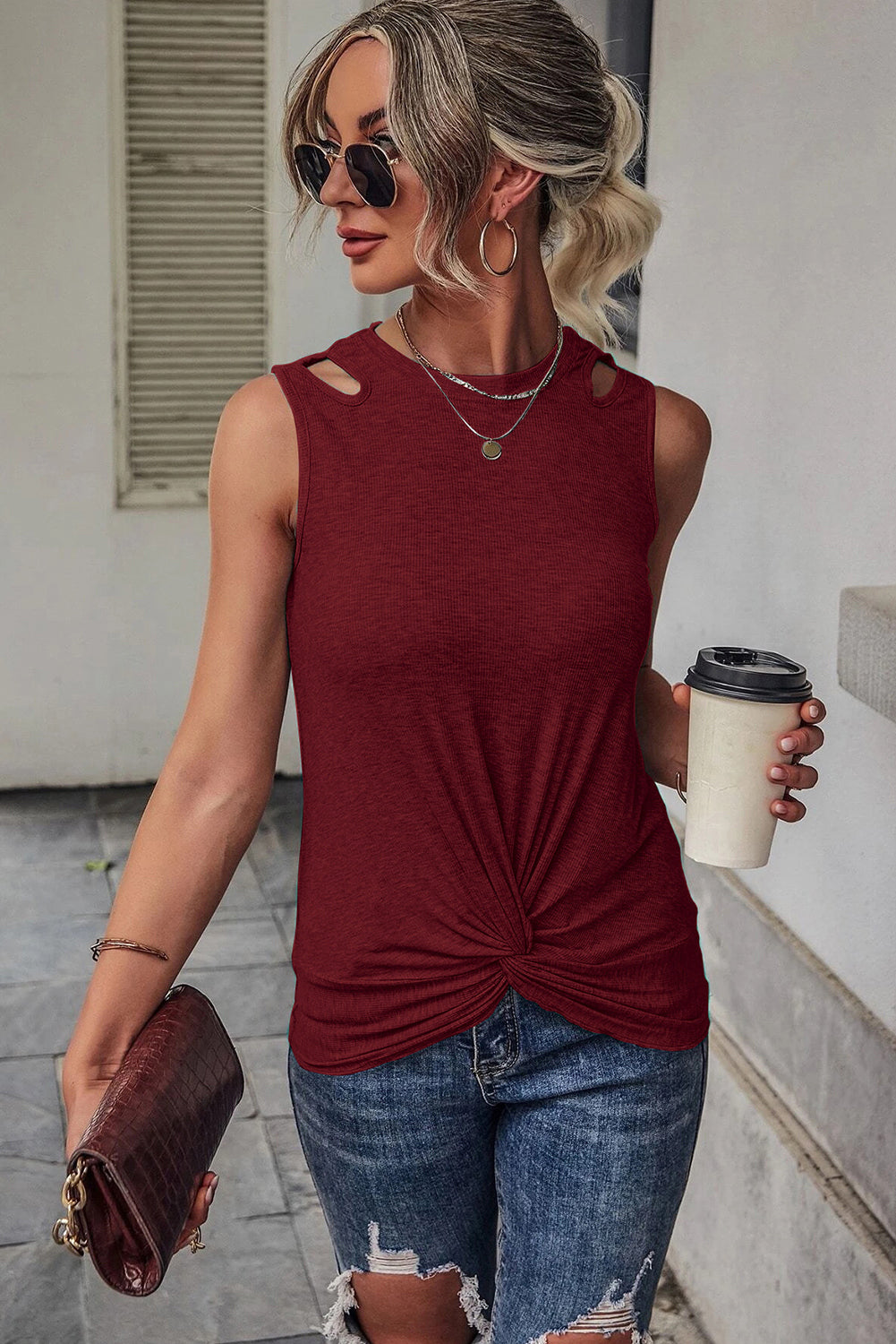 Khaki Rib Knit Cut-out Front Twist Tank Top