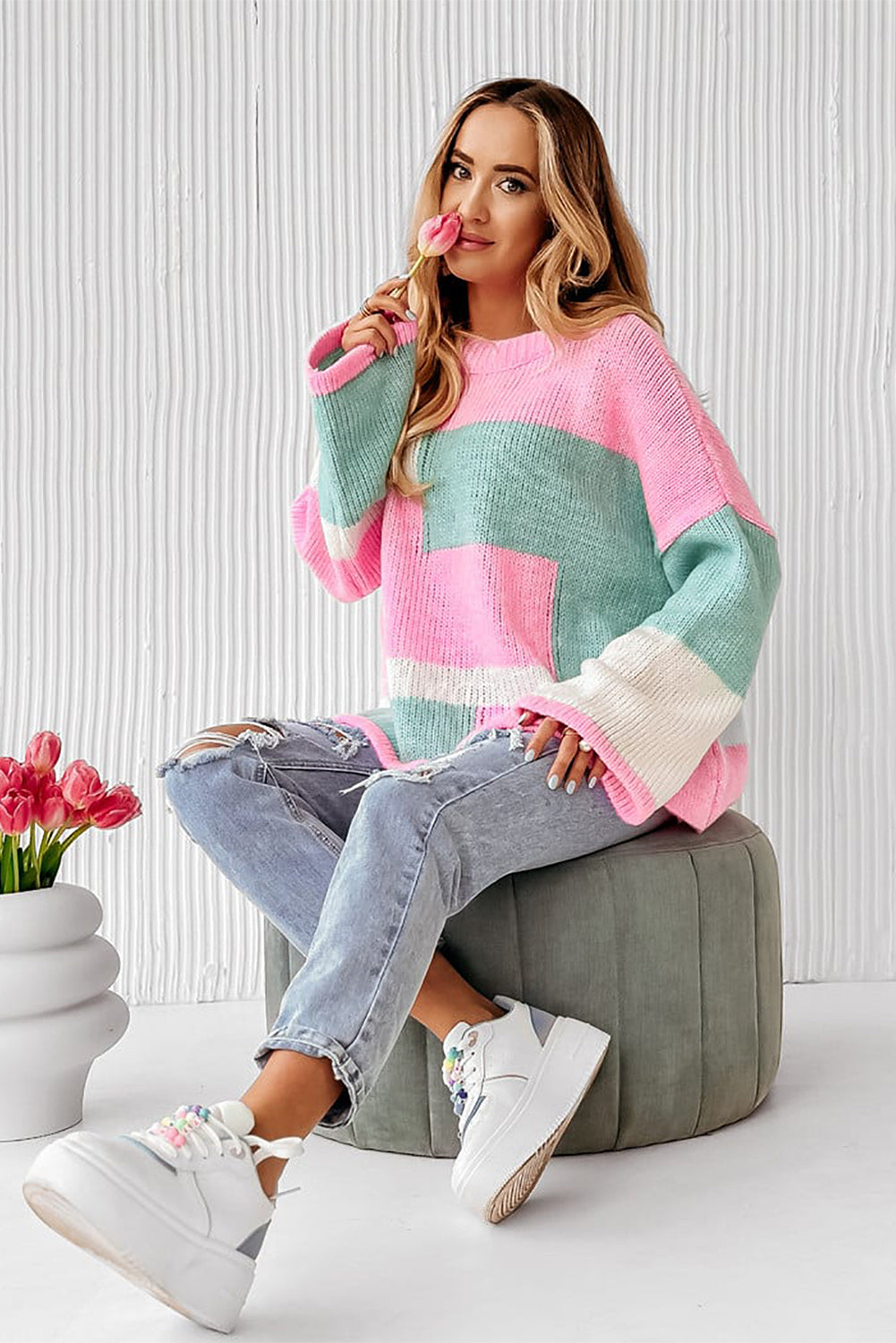 Colorblock Drop Shoulder Bell Sleeve Sweater