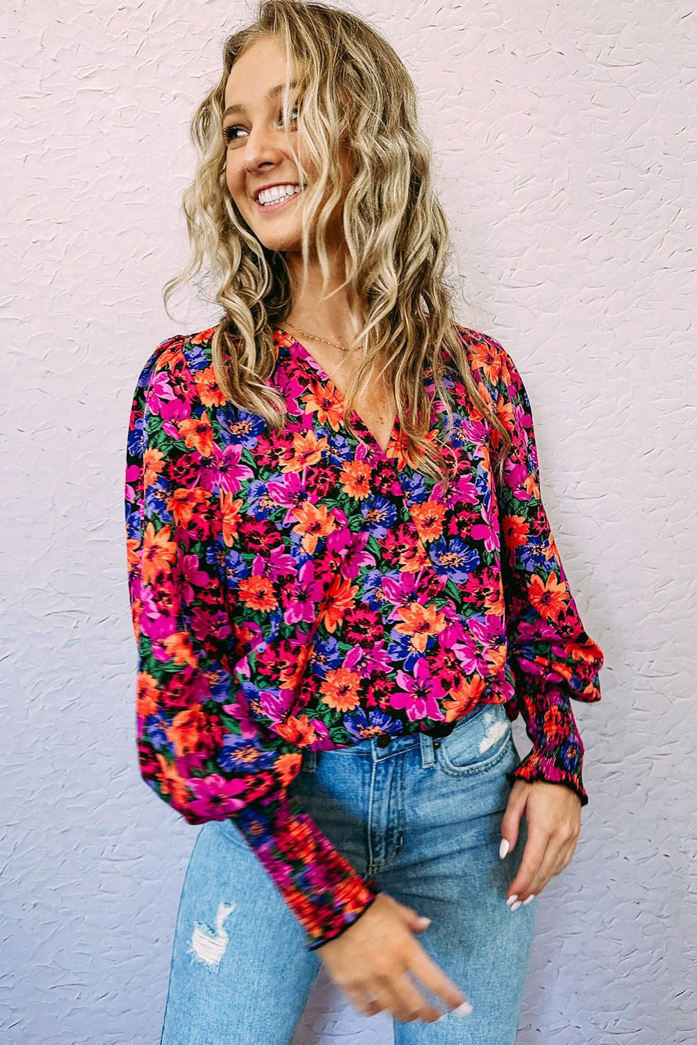 Floral Print Wrap V Neck Long Sleeve Bodysuit