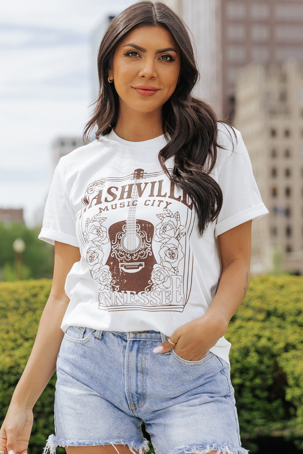 T-shirt ras du cou graphique NASHVILLE MUSIC CITY blanc