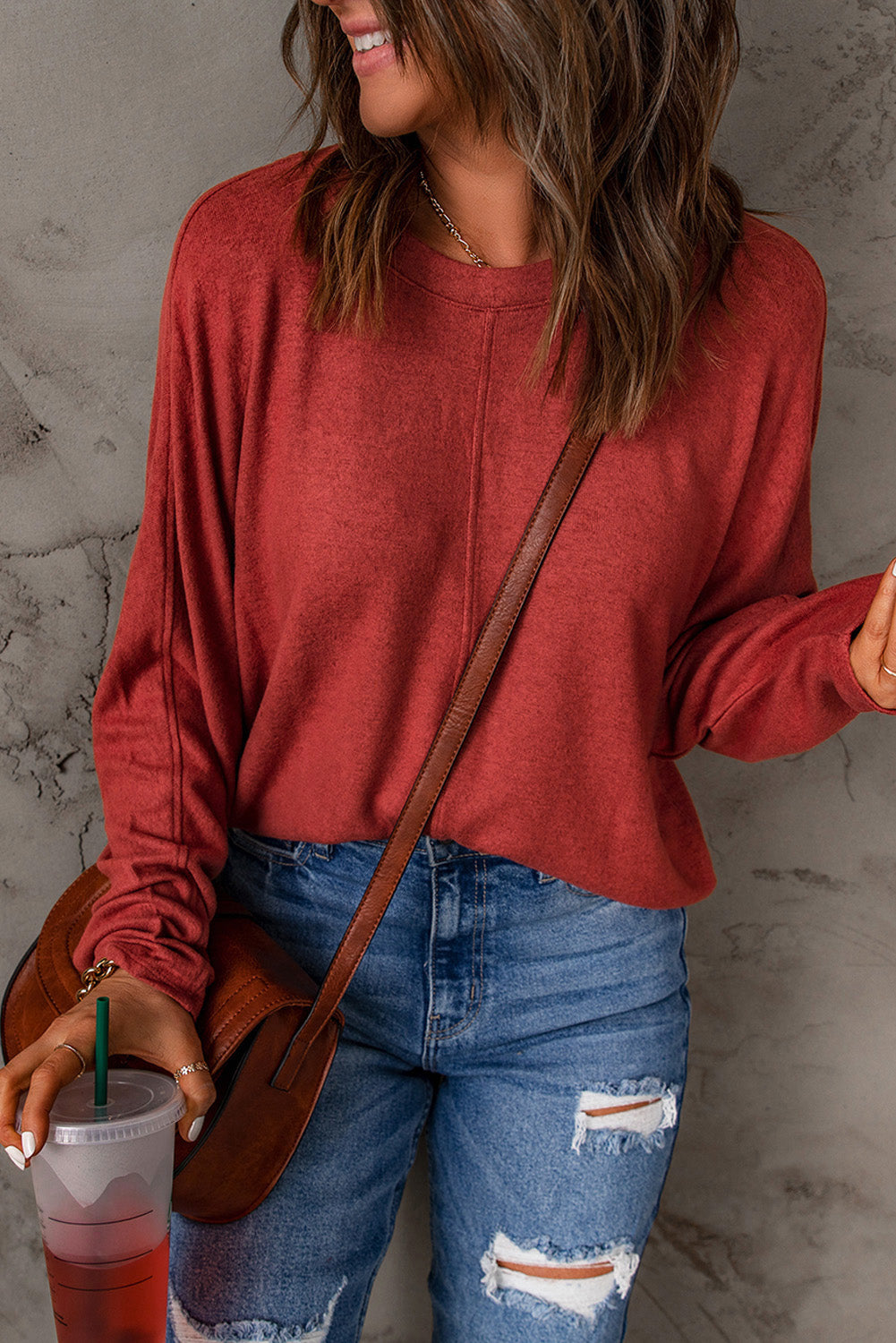 Brown Fiery Solid Color Patchwork Long Sleeve Top