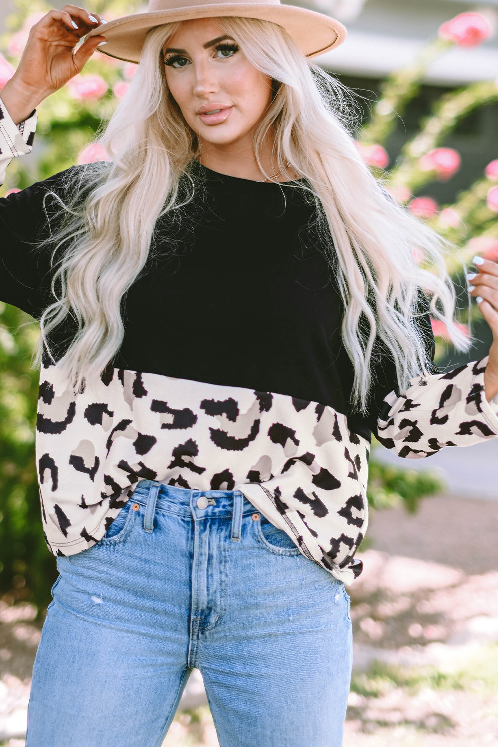 Leopard Color Block Long Sleeve Top