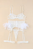 3pcs Lace Mesh Lingerie Set with Feather Garter Belt