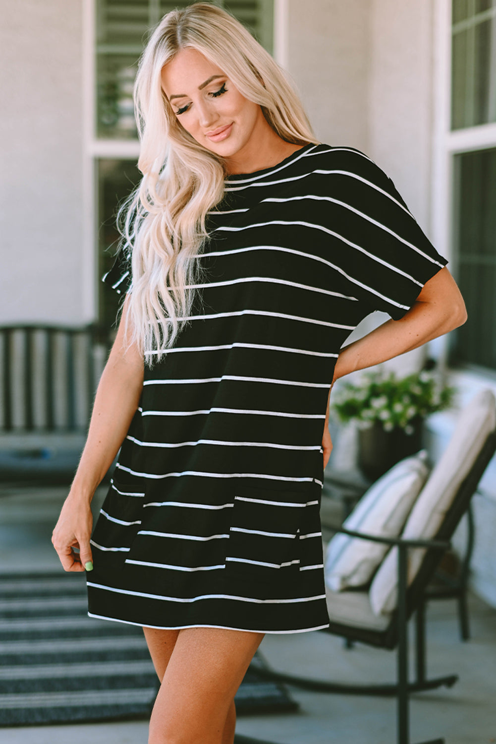 Striped Print Side Pockets Short Sleeve Tunic Top