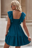 Ruffle Trim V Neck Smocking Back Mini Dress