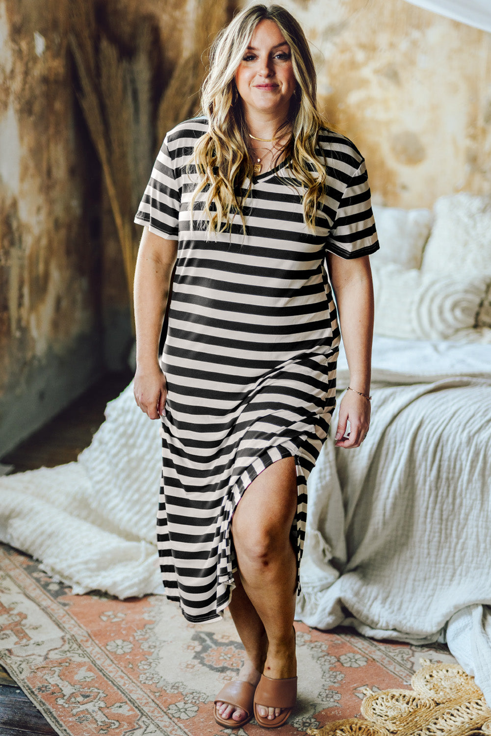 Stripe Print V Neck Maxi Dress with Side Splits