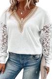 White Lace Splicing V Neck Puff Sleeve Top