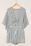 3/4 Wide Kimono Sleeves Tie Front Striped Romper with Pockets