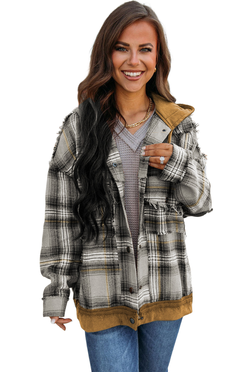 Orange Plaid Patch Hooded Frayed Snap Button Jacket