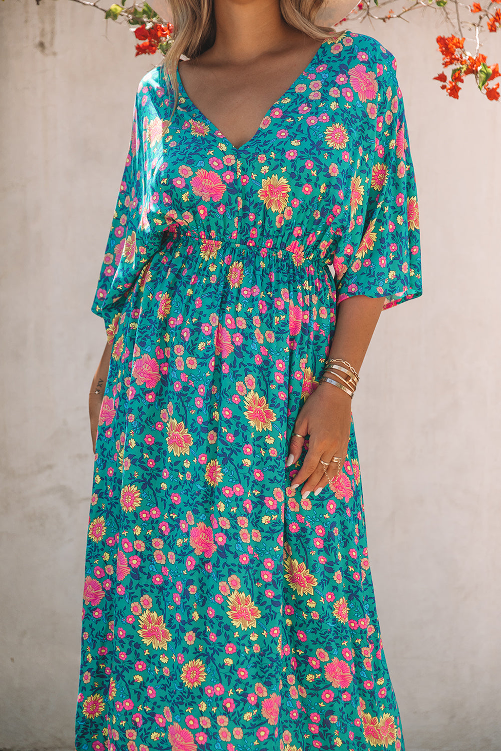 Robe longue florale style Boho vert à col en V profond