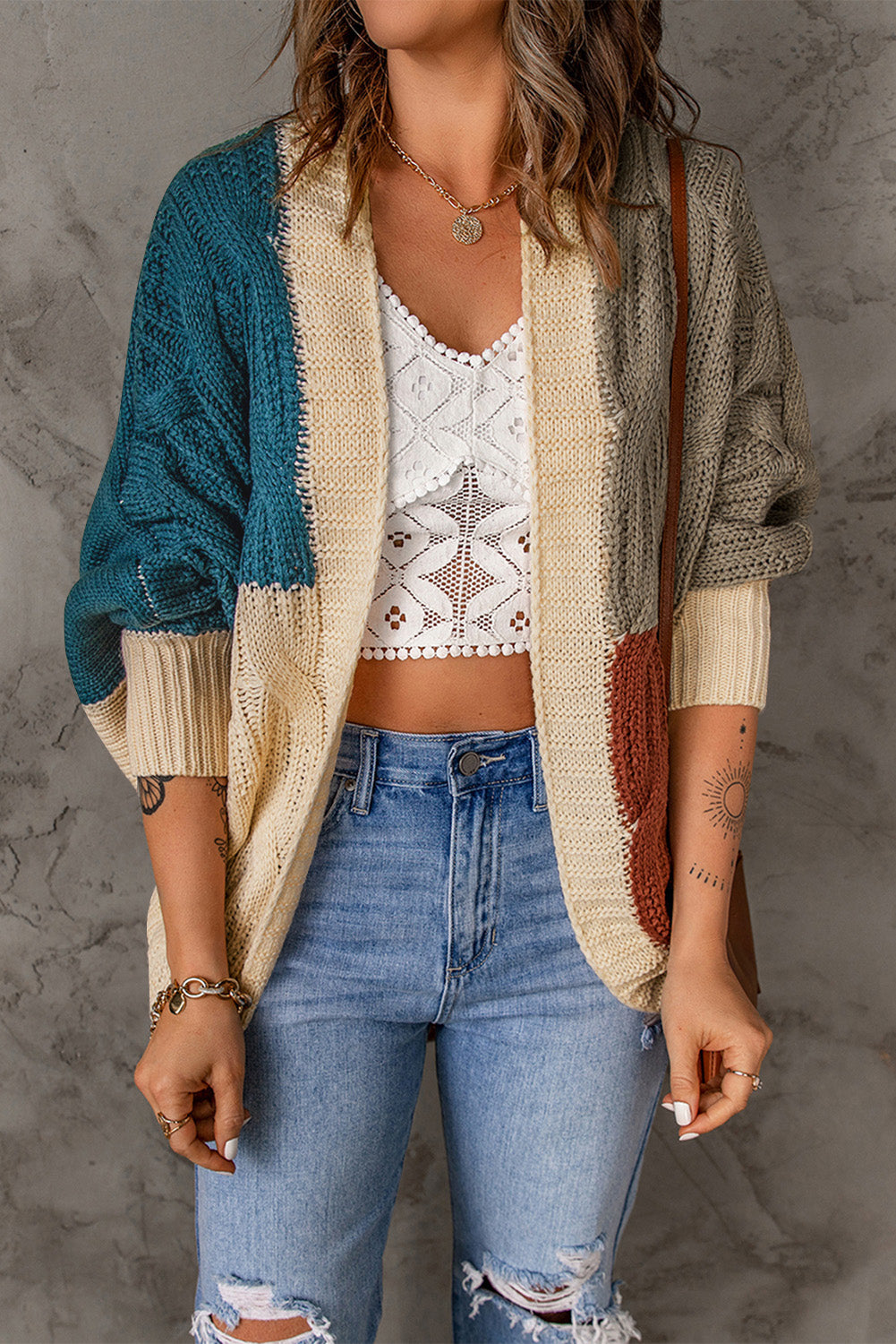 Color Block Loose Open Front Knitted Cardigan