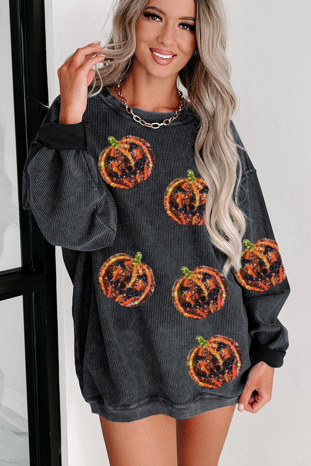 Black Sequined Rugby Graphic Open Back Sweatshirt