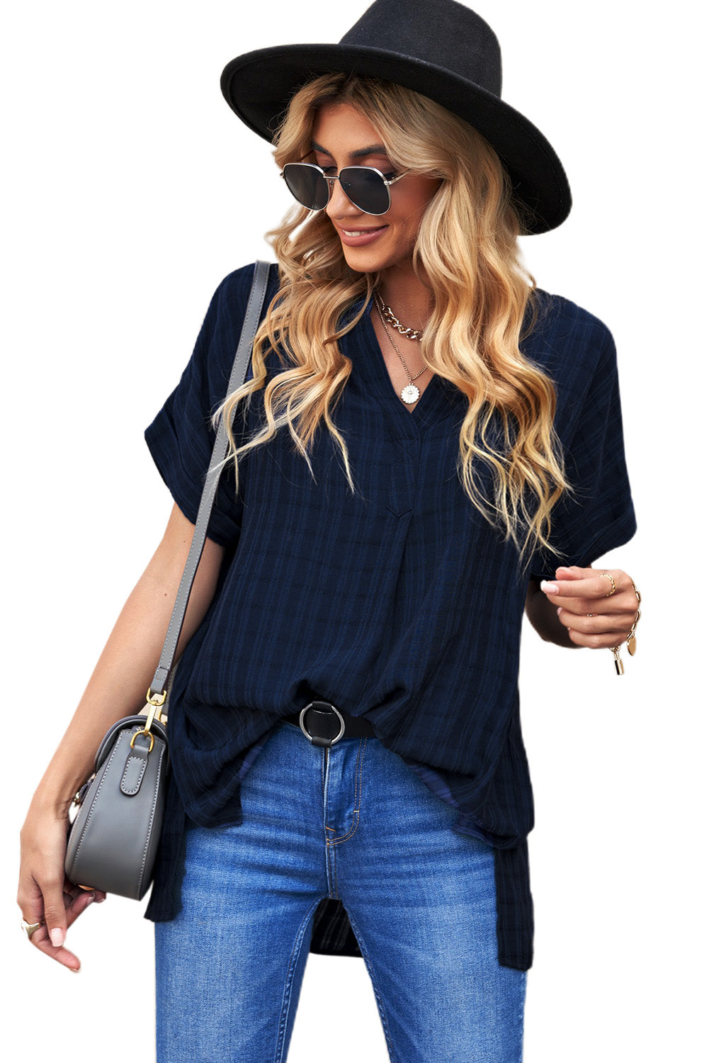 Striped Print Loose V Neck Short Sleeve Shirt with Slits