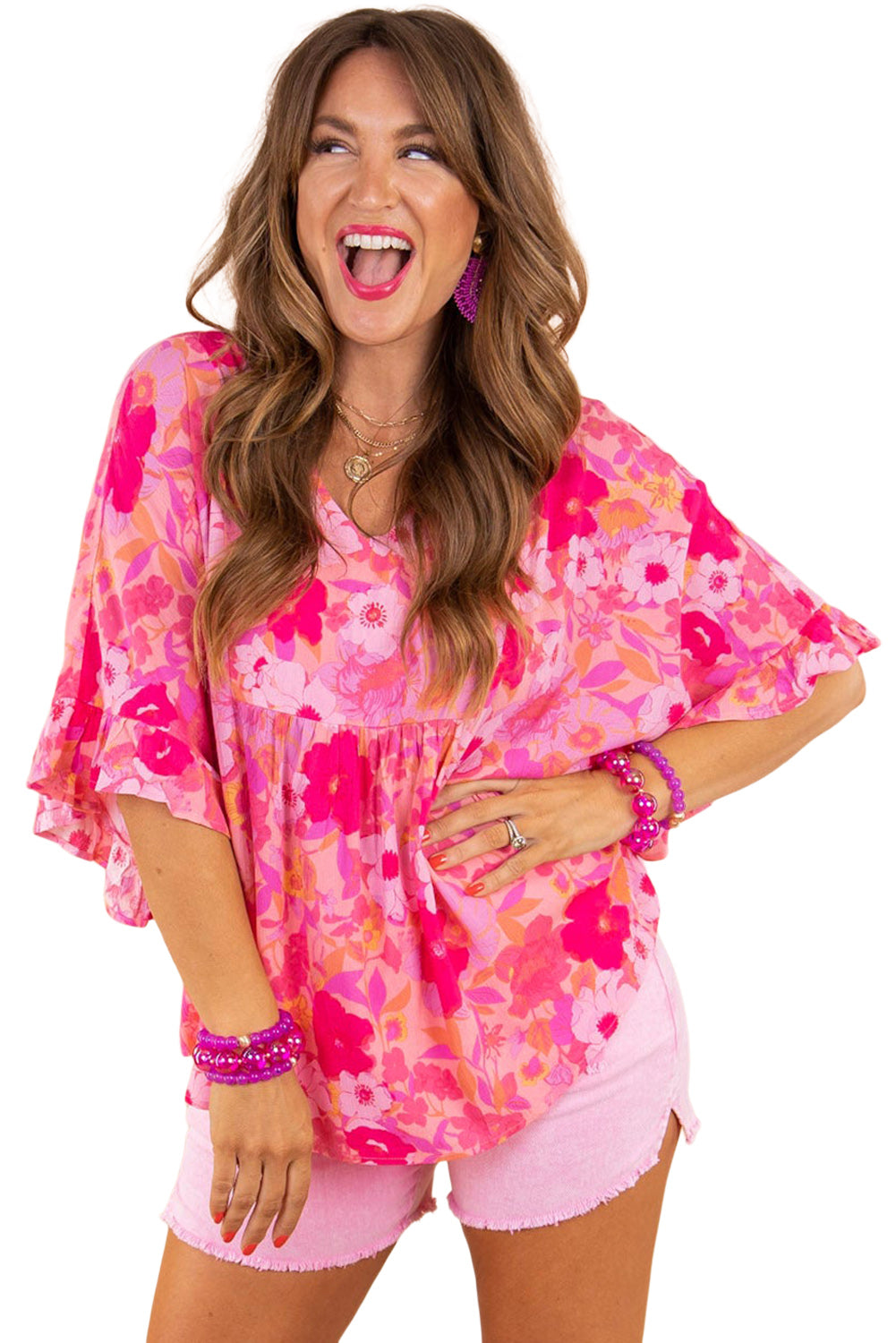 Floral Print Ruffled Half Sleeve Plus Size Babydoll Blouse