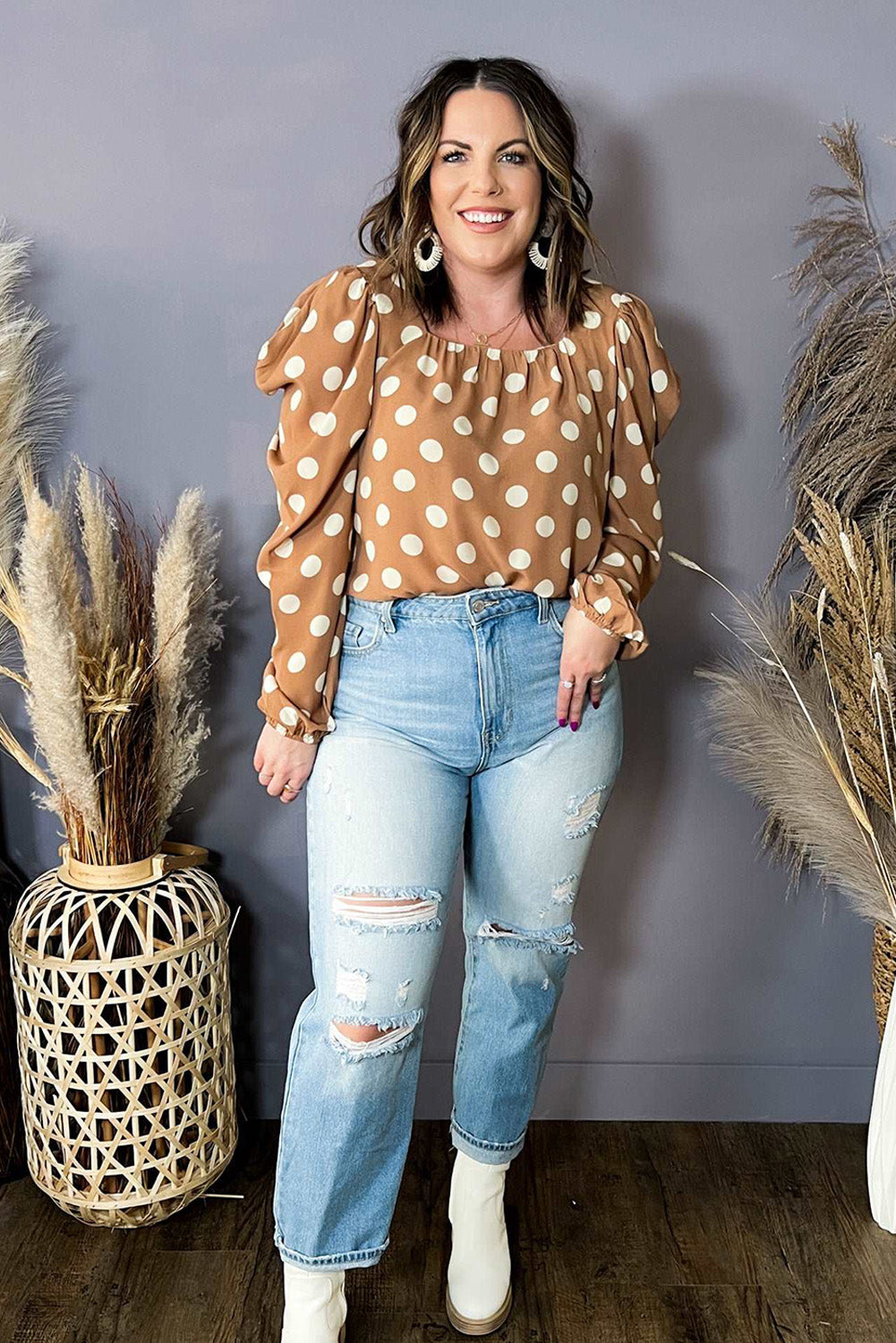 Plus Size Polka Dot Ruched Neckline Puff Sleeve Blouse