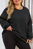 Pink Solid Ribbed Knit Round Neck Pullover Sweatshirt