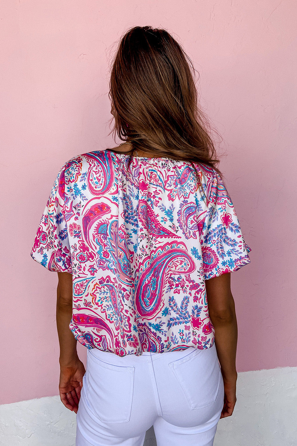 Paisley Pattern Print Puff Sleeve V Neck Blouse