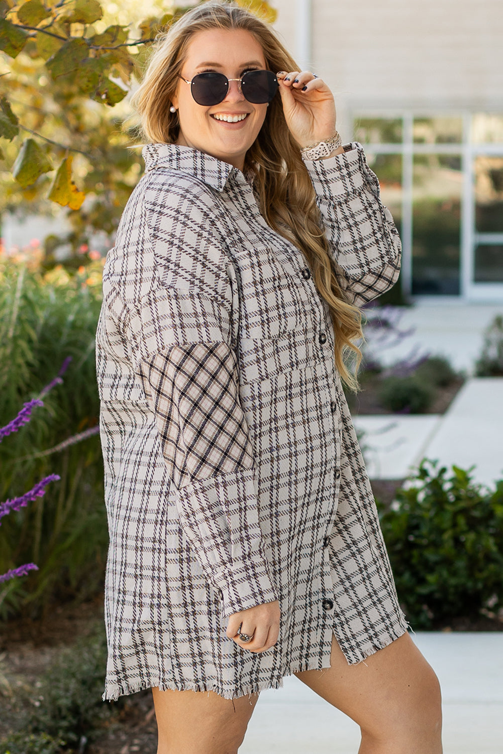 White Stripe Plus Size Plaid Buttoned Raw Hem Tunic Shirt Dress