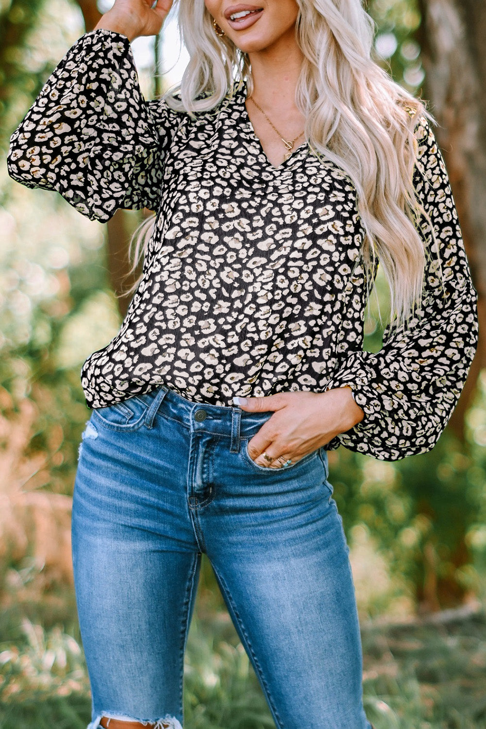 Green Floral Print V Neck Long Puff Sleeve Top