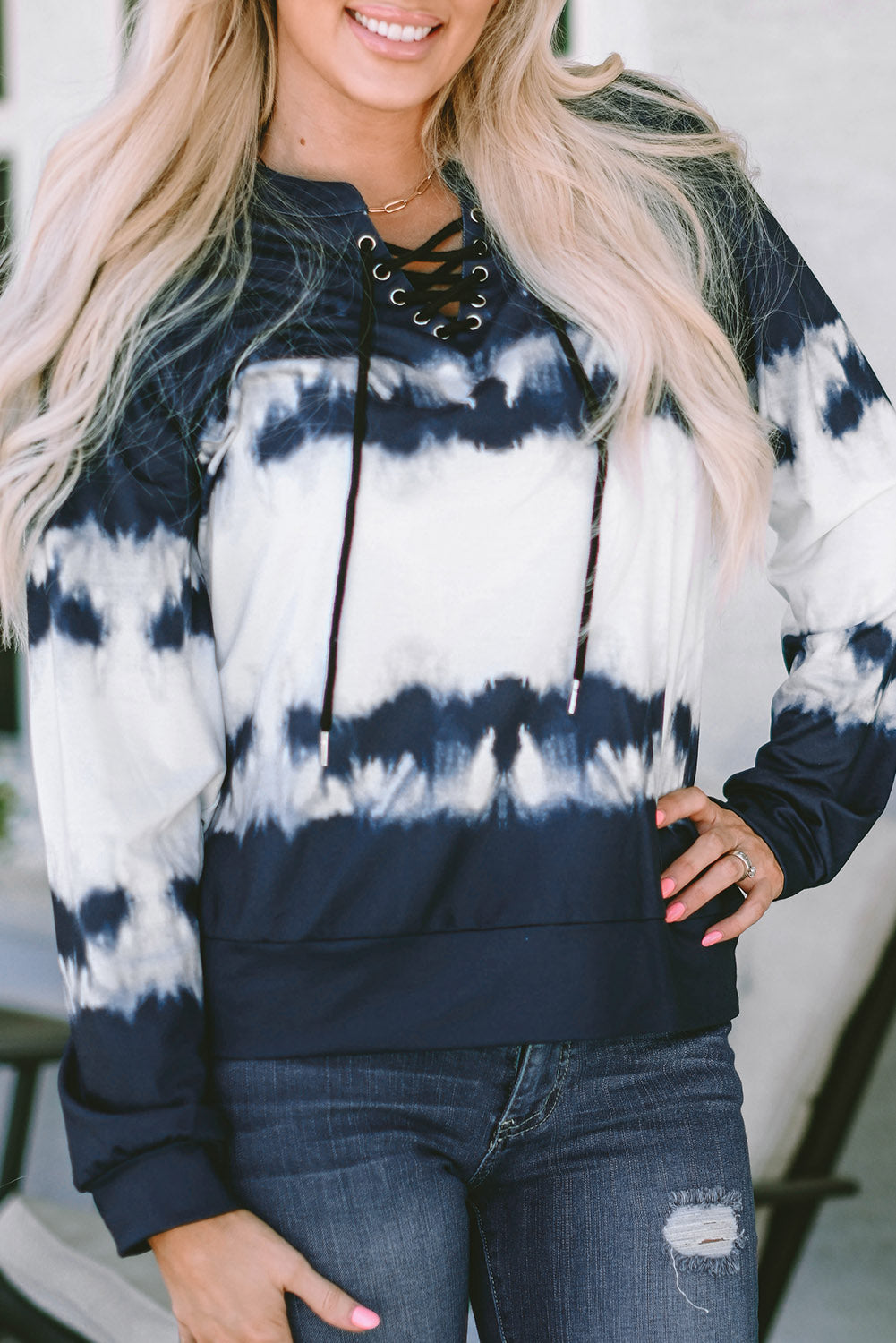 Tie Dye Lace Up V-Neck Long Sleeve Top