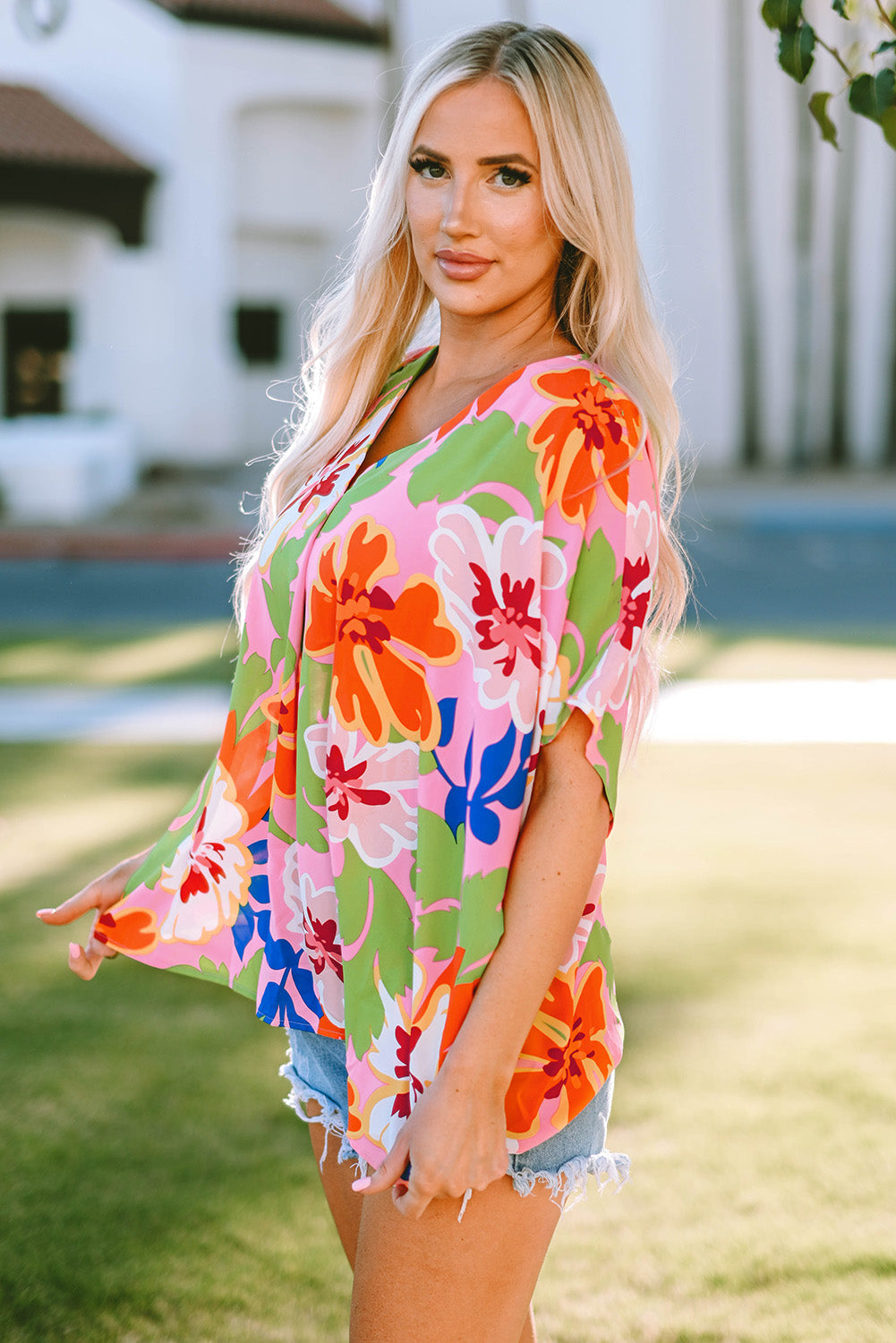 Floral Print Loose Fit V Neck Tunic Blouse