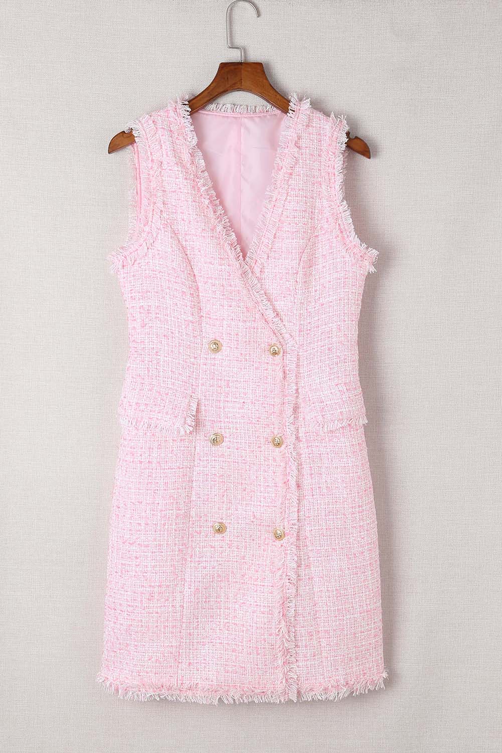 Robe gilet rose à double boutonnage en tweed à bords effilochés