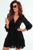 Deep V Neck Lantern Sleeve Knotted Tiered Mini Dress