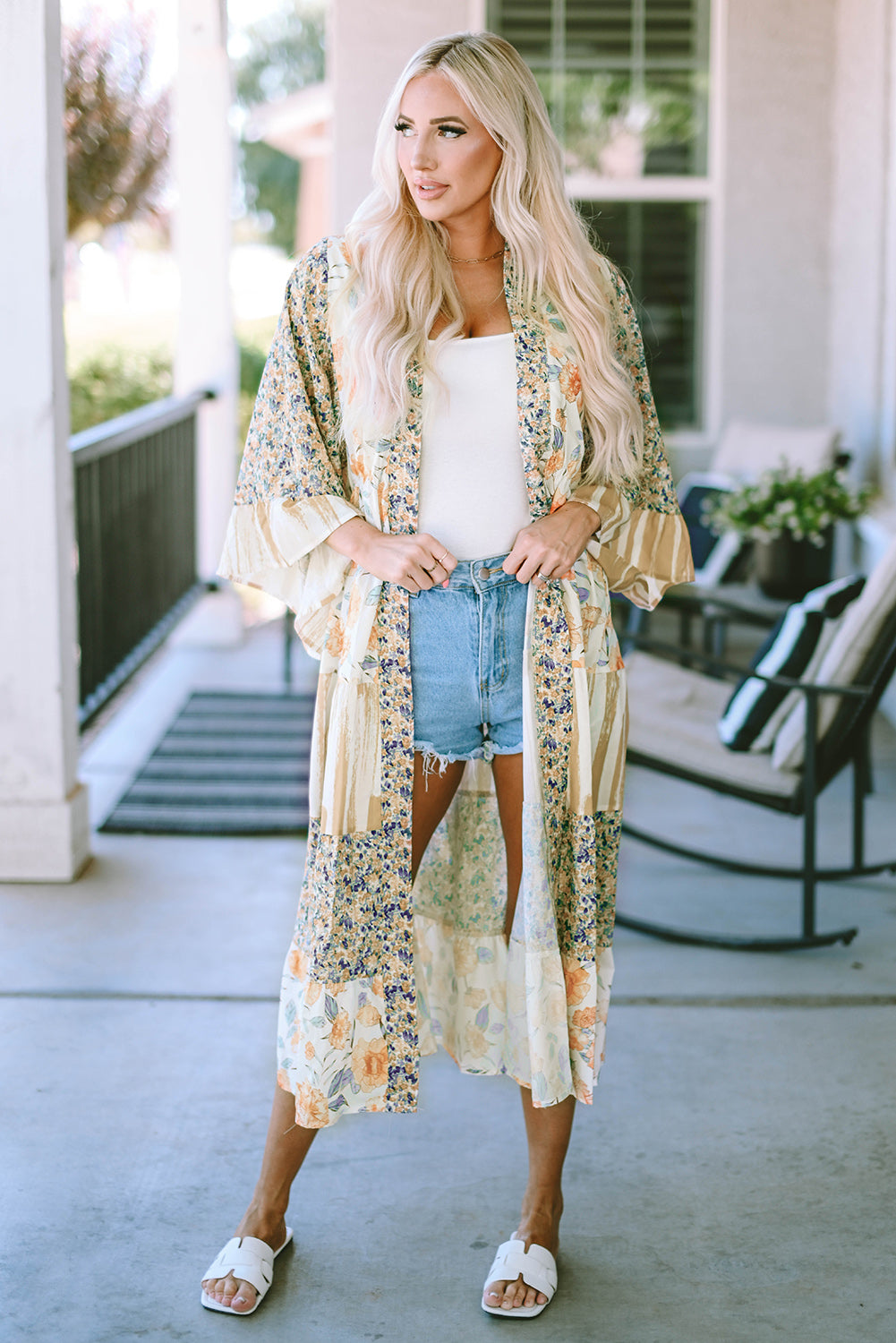 Wide Sleeve Mixed Floral Print Long Kimono