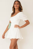 One-shoulder Puff Sleeves Romper with Ruffle Trim