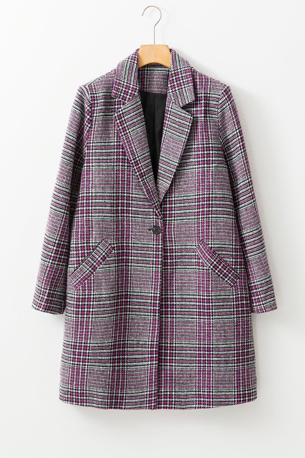 Pink Plaid Lapel Collar One Button Midi Coat