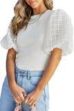 Checkered Puff Sleeve Ribbed Knit Top