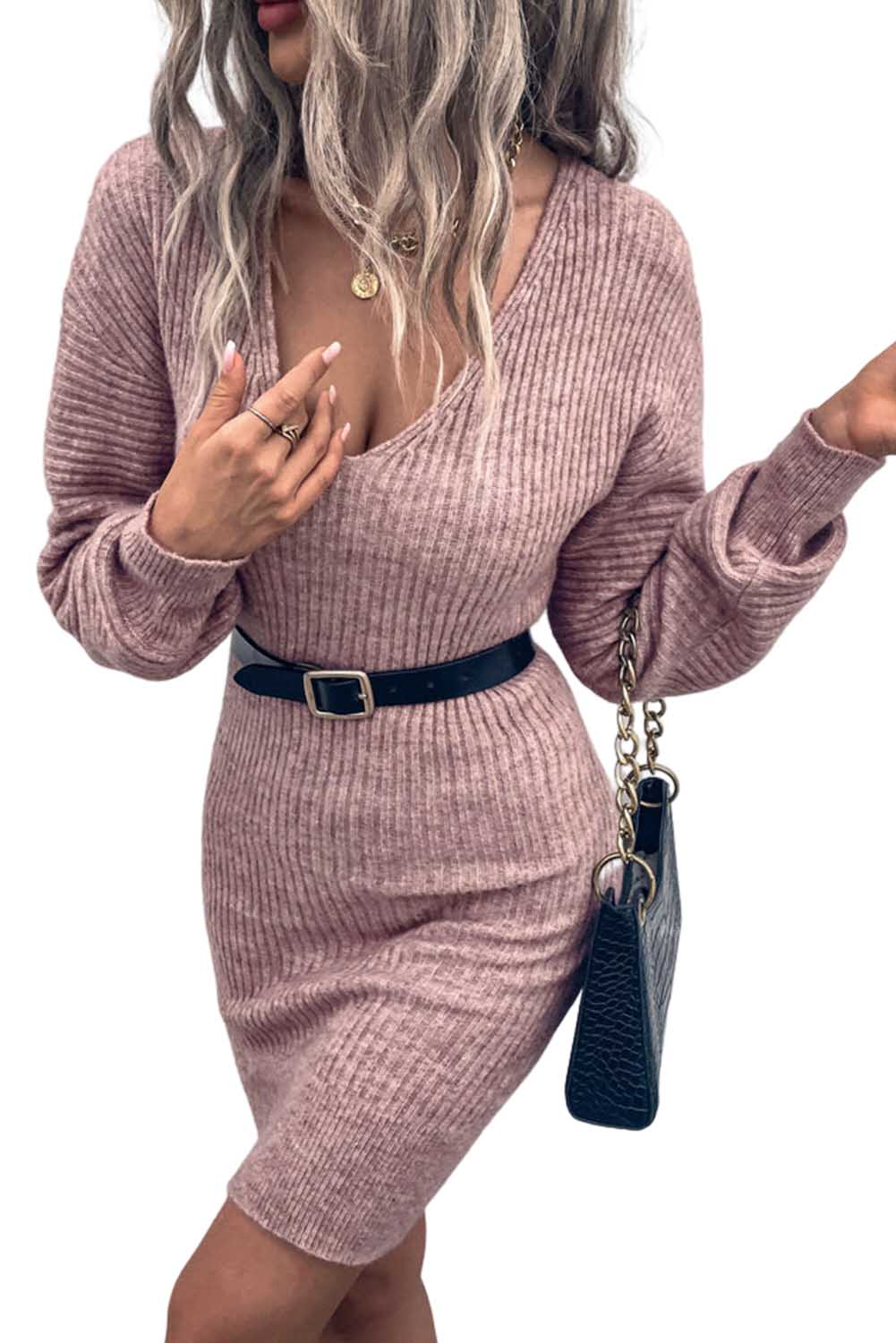 V Neck Bodycon Sweater Dress