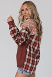 Red Floral Plaid Mixed Print Bishop Sleeve Patchwork Top