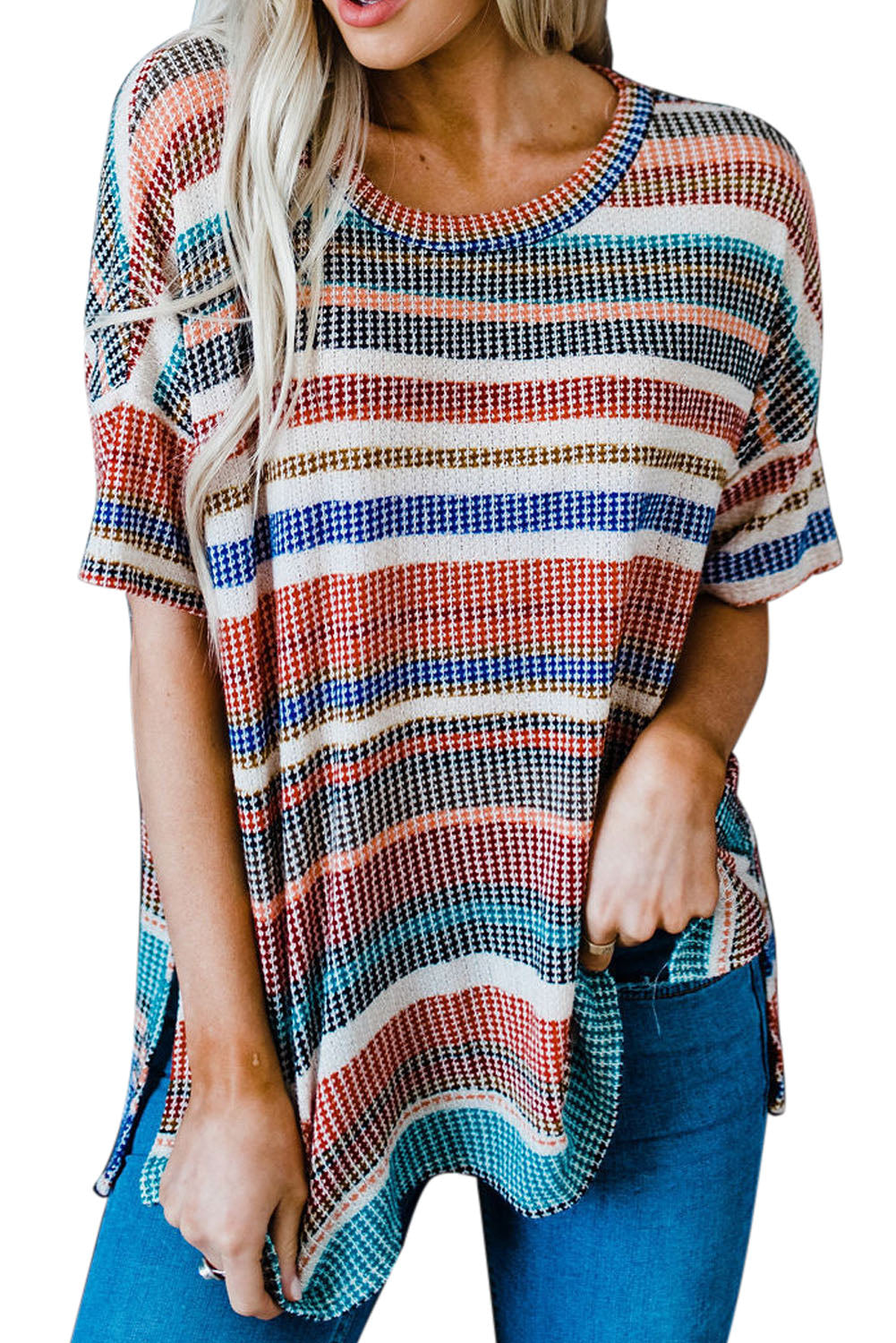 Striped Loose T-shirt with Slits