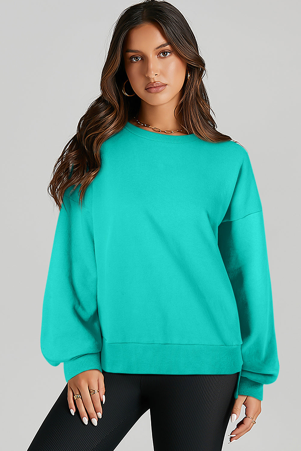 Parchment Solid O Neck High Low Hem Pullover Sweatshirt