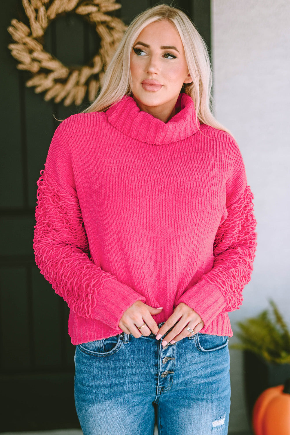 Ribbed Turtleneck Fuzzy Sleeve Knit Sweater