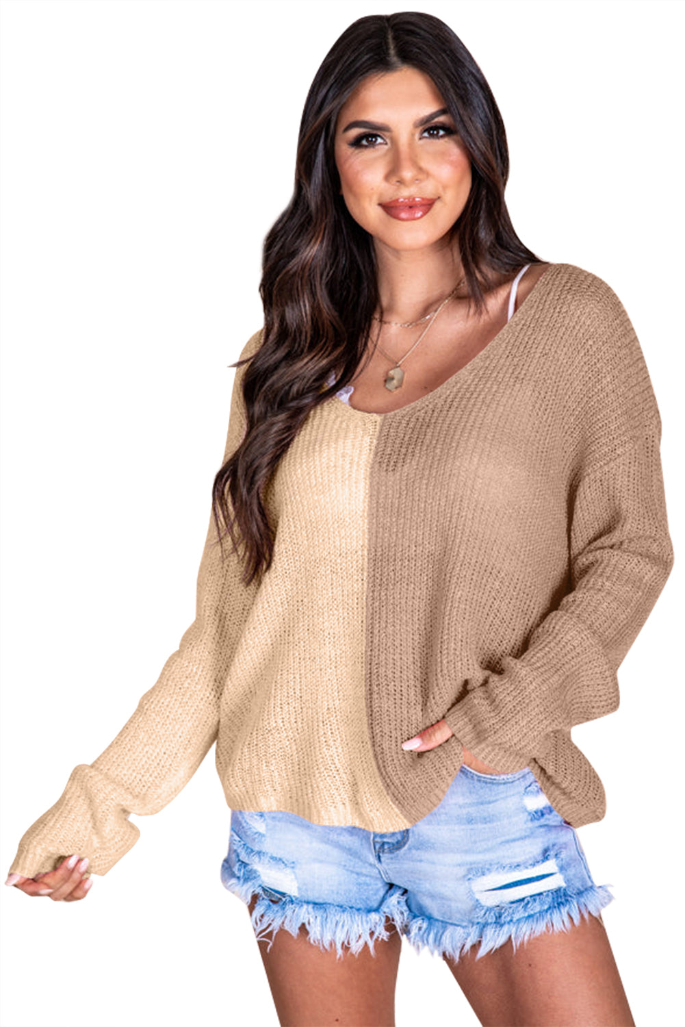 Khaki Long Sleeve V-Neck Colorblock Sweater