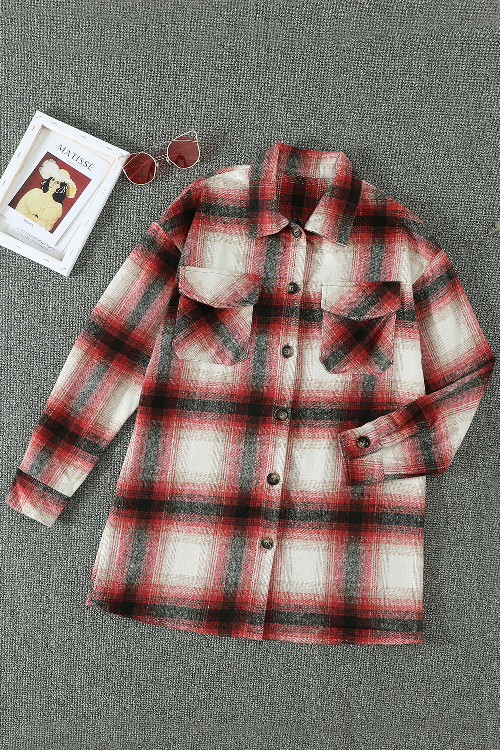 Turn down Neck Plaid Pocket Button Closure Coat