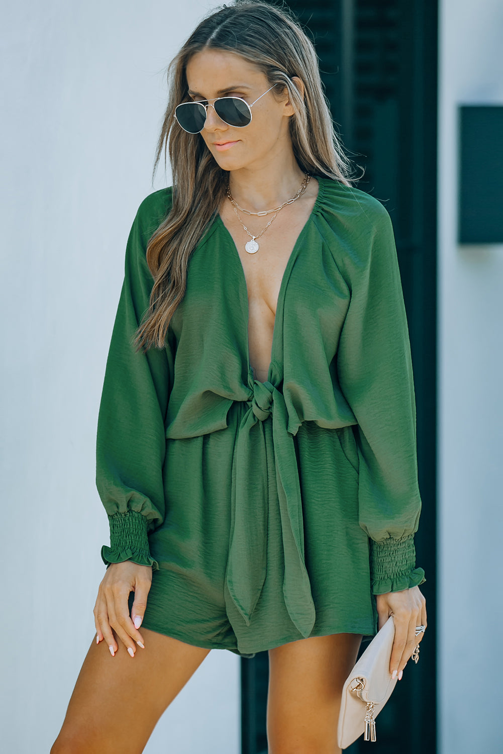 Tie Knot Puff Long Sleeve Romper