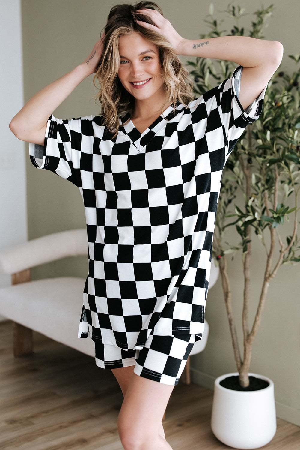 Black Checkerboard Print V Neck Loose Tee and Shorts Lounge Set