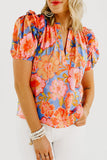 Floral Bubble Sleeve V-Neck Plus Size Blouse