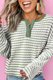 Green Stripe Textured Frilly Trim Buttons Henley Long Sleeve Top