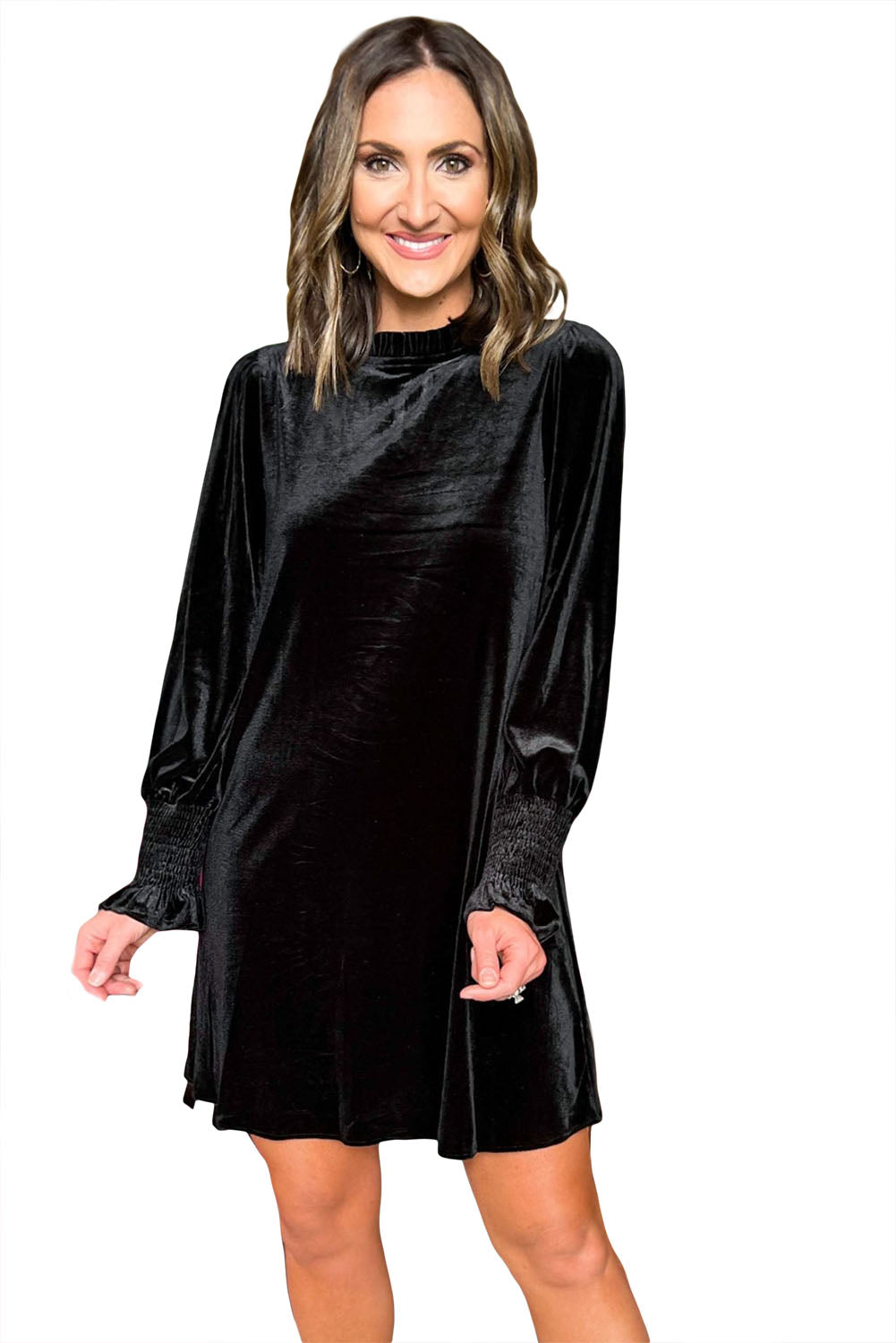 Velvet Frill Neck Long Sleeve Shift Dress