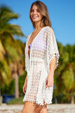 Hollow-out Lace Patterned Pompom Trim Beach Cover-up