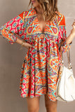 Multicolour V Neck 3/4 Sleeve Bohemian Vintage Print Mini Dress