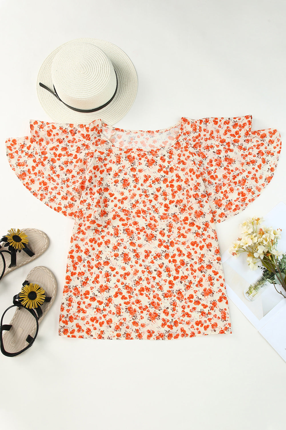 Floral Tiered Flutter Sleeve Blouse