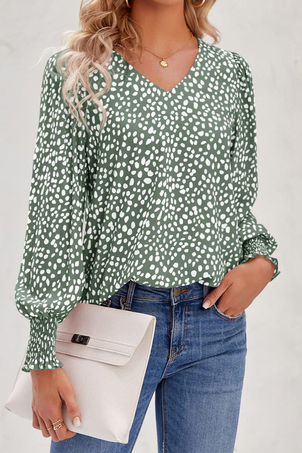 Spotted Pattern Shirred Cuffs Bubble Sleeve Blouse